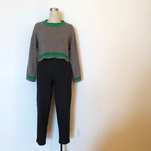 BDG - Grey Knit Crop Sweater + Green Stripe Trim